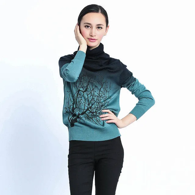 New Fashion Women Pullovers  Autumn Turtleneck Tree Pattern Print Gradient Plus Size SweatersCasual Knitted Tops 70104 GS