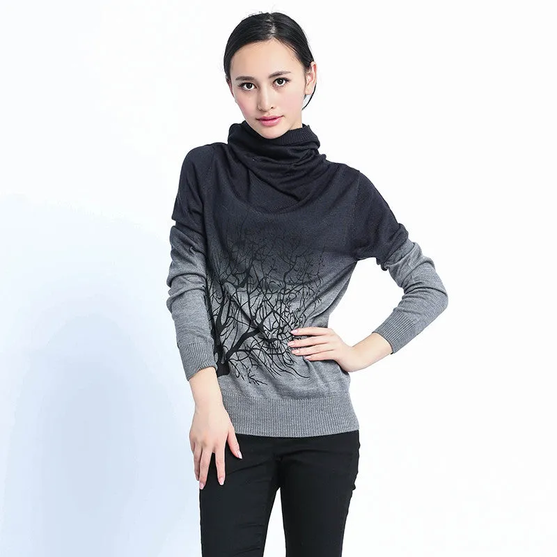 New Fashion Women Pullovers  Autumn Turtleneck Tree Pattern Print Gradient Plus Size SweatersCasual Knitted Tops 70104 GS