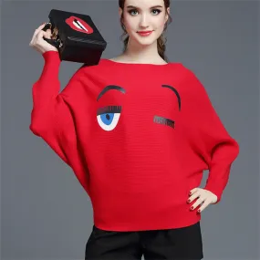 New Winter Female Sweater Plus Size Knitted Full Batwing Sleeve O-neck Pullovers Smile Print Outwear 72058 GS