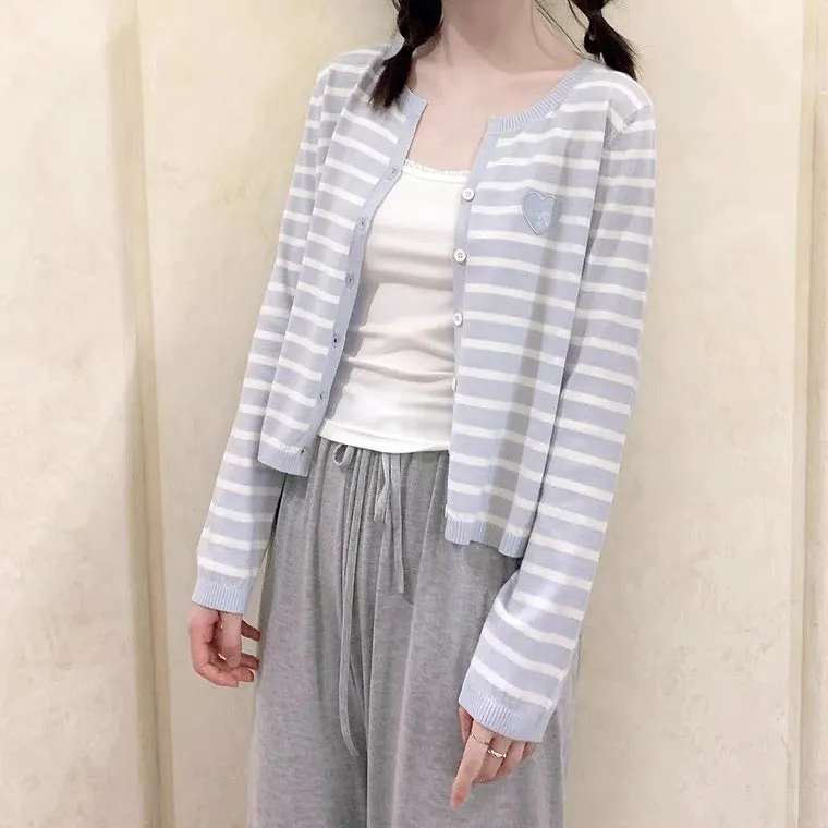 Pastel blue/black striped knit cardigan BY100