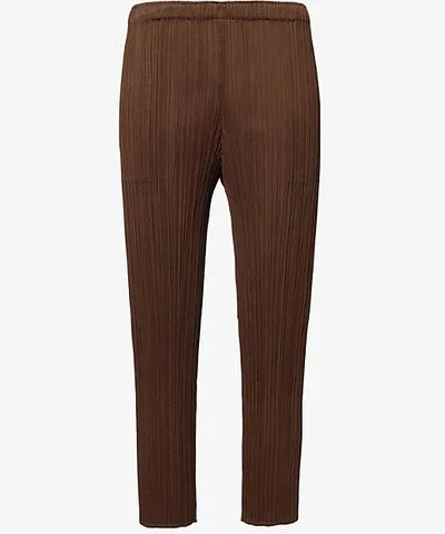 Pleats Please Issey Miyake Womens Brown Pleats slim-fit cropped-leg knitted trousers