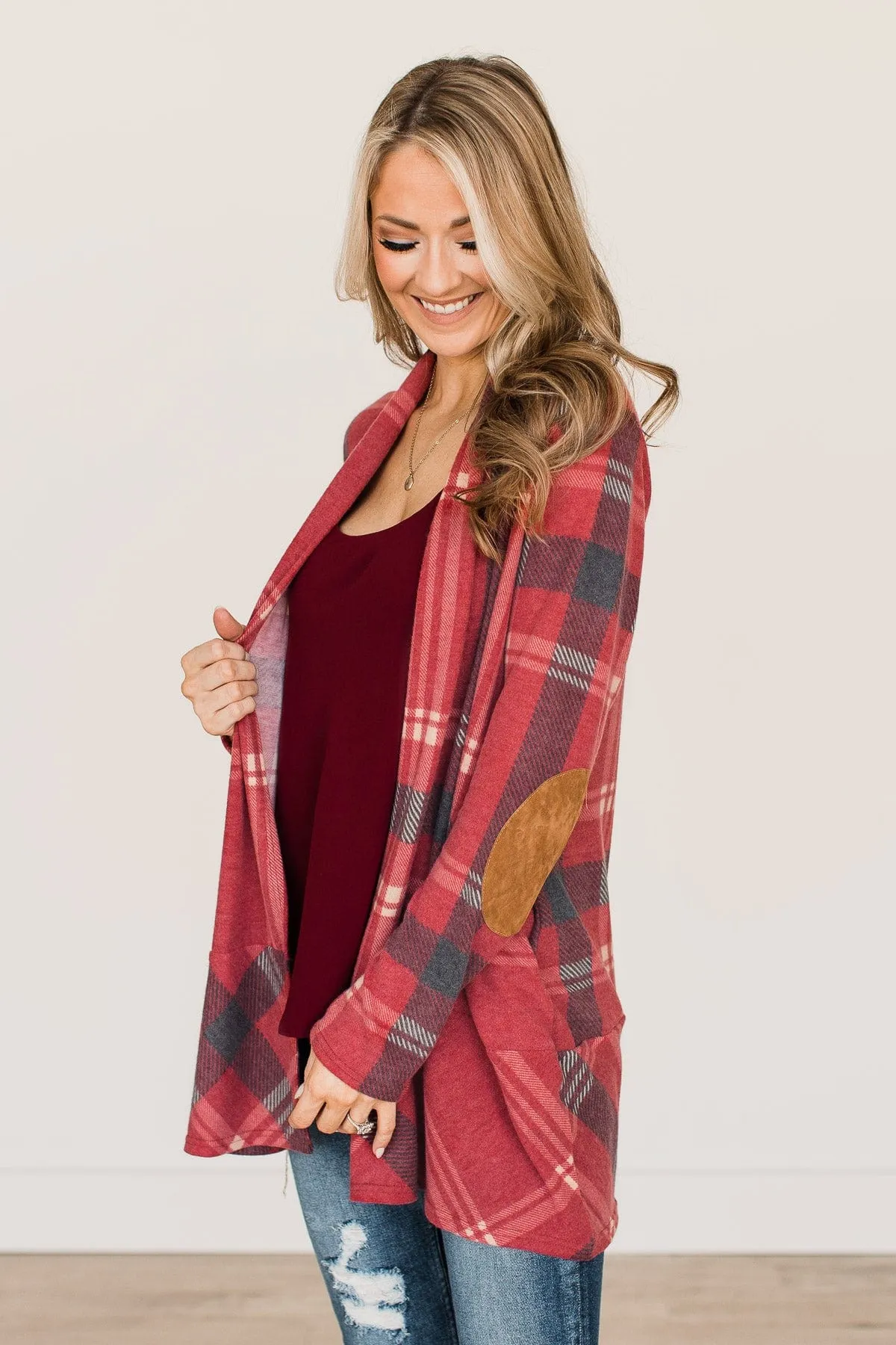 Pumpkin Spice Time Plaid Cardigan- Vintage Red