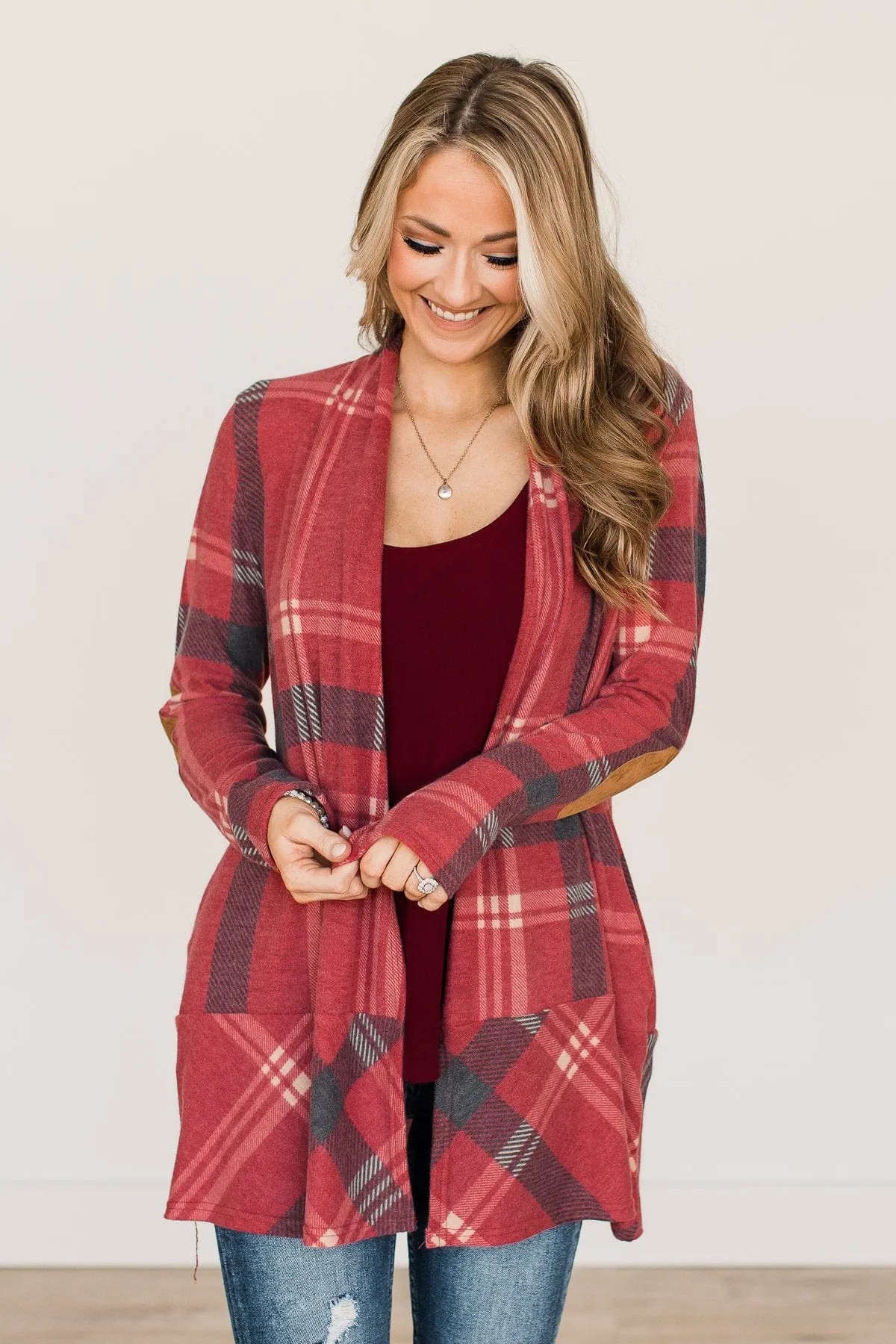 Pumpkin Spice Time Plaid Cardigan- Vintage Red