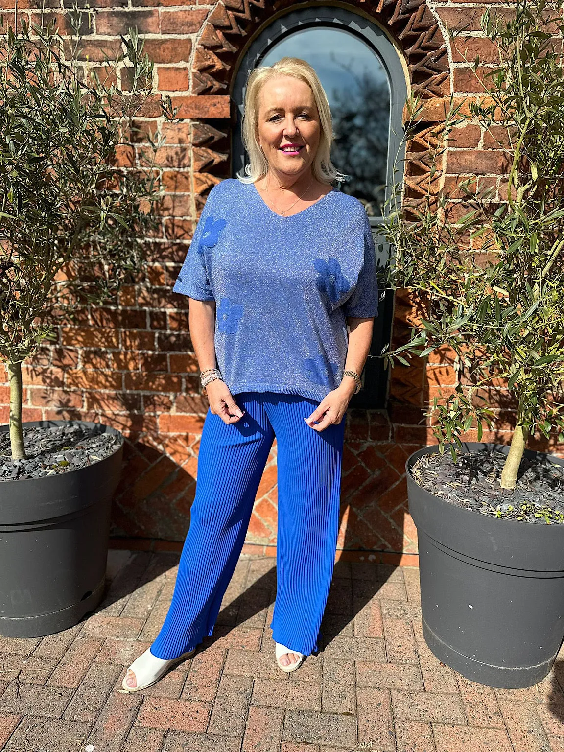 Royal Blue Pleated Wide Leg Ruffle Trousers