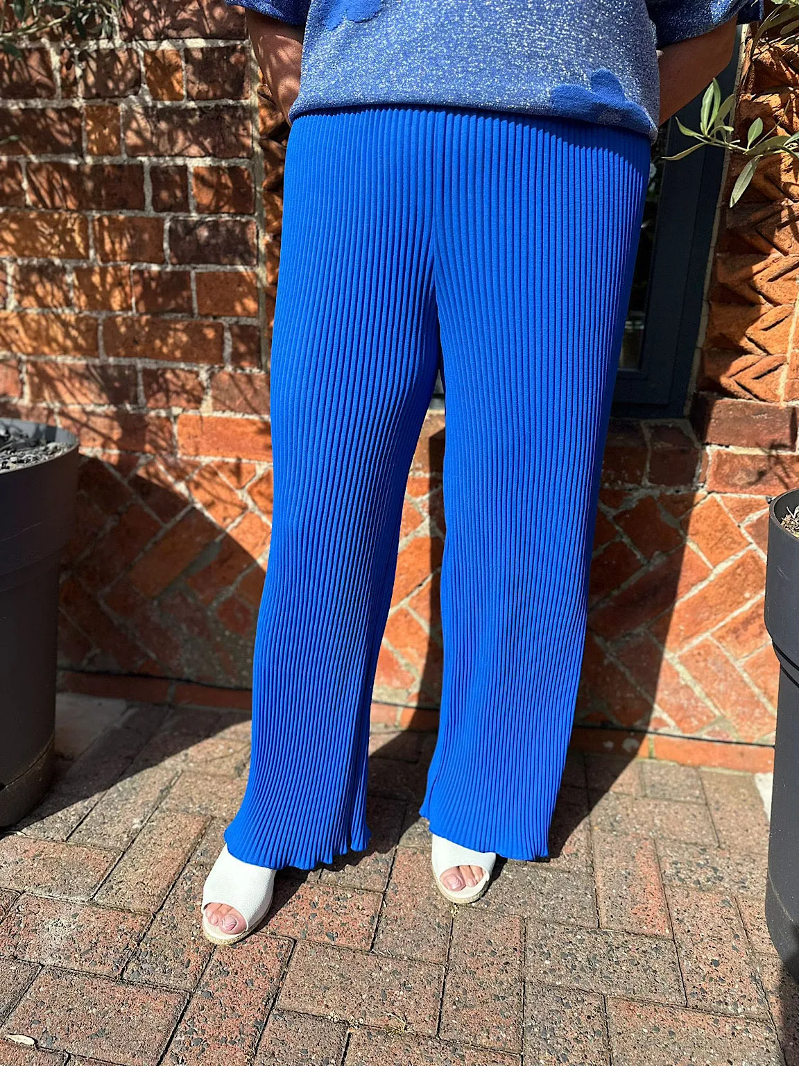 Royal Blue Pleated Wide Leg Ruffle Trousers