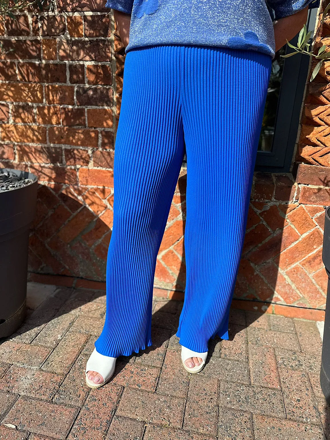 Royal Blue Pleated Wide Leg Ruffle Trousers