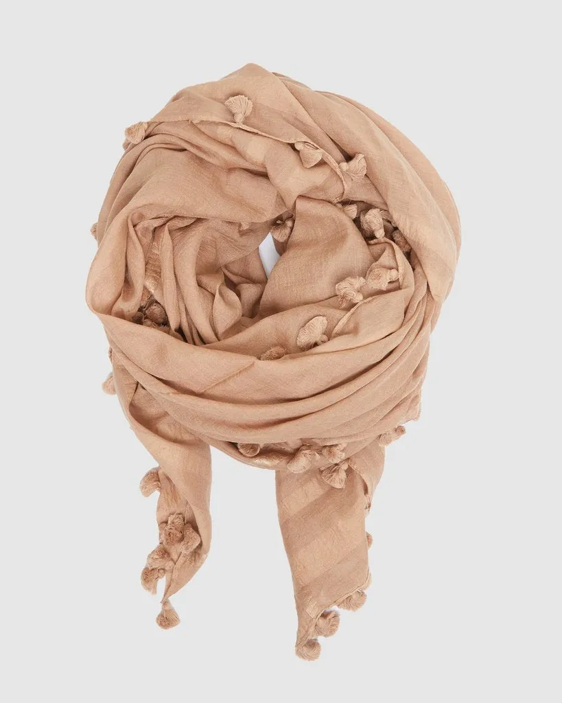 Silk & Cotton Pom Pom Scarf - Clay