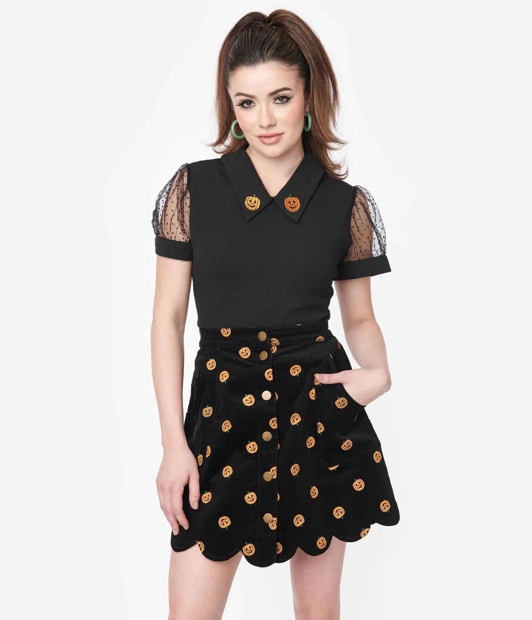 Smak Parlour Black Pumpkin Embroidered Knit Top