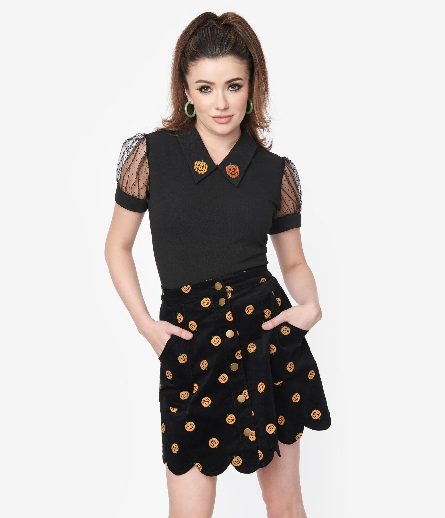 Smak Parlour Black Pumpkin Embroidered Knit Top