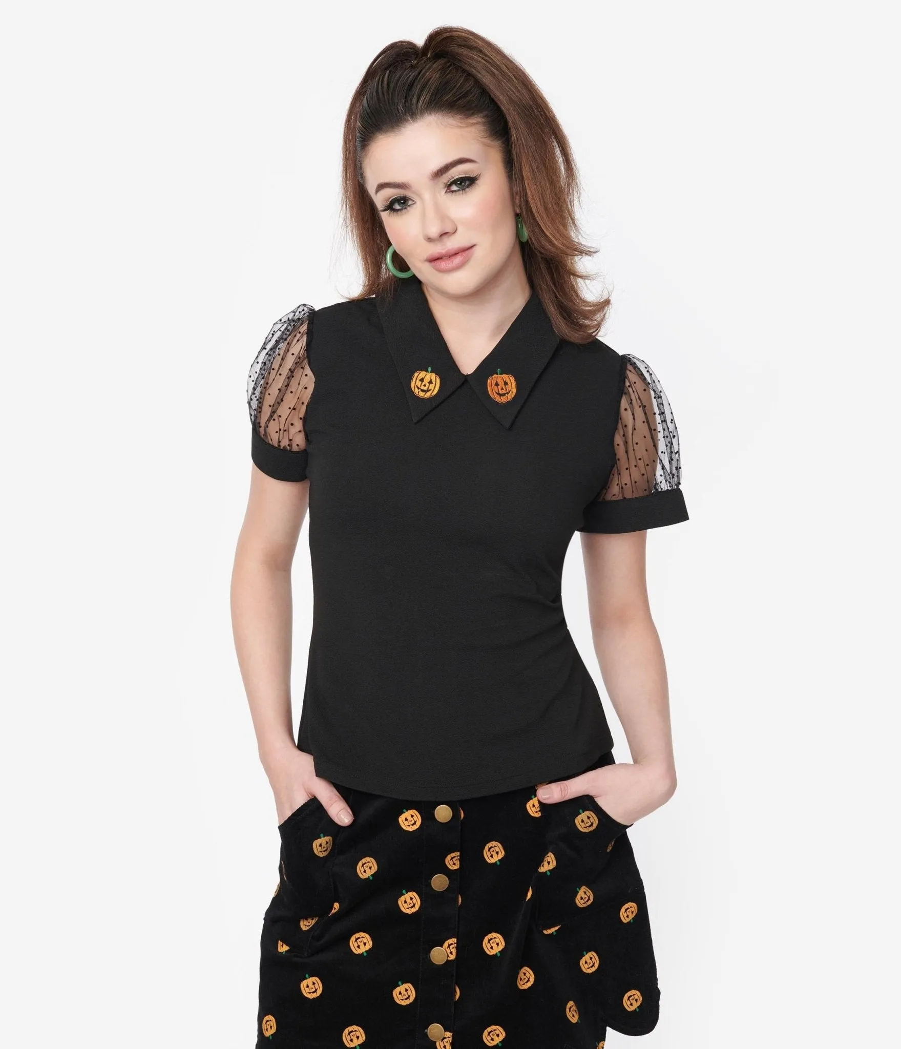 Smak Parlour Black Pumpkin Embroidered Knit Top