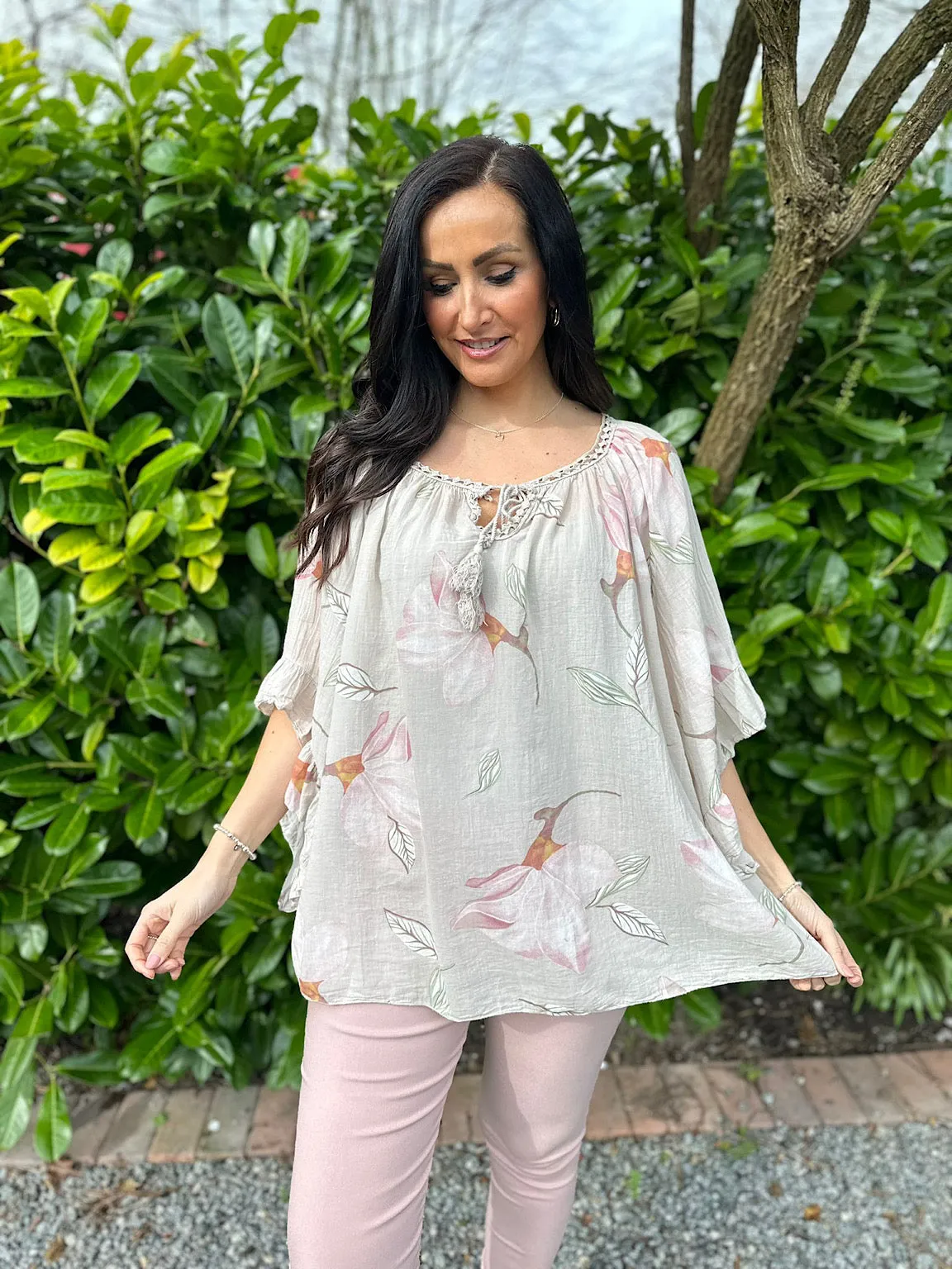 Stone Floral Angel Sleeve Tassel Top Molly