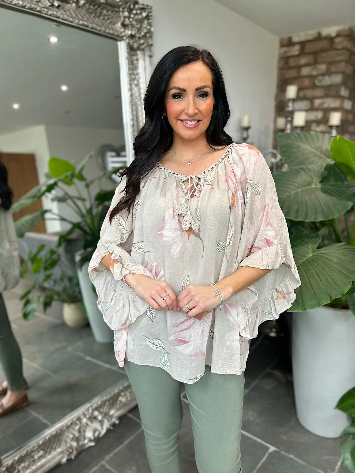 Stone Floral Angel Sleeve Tassel Top Molly