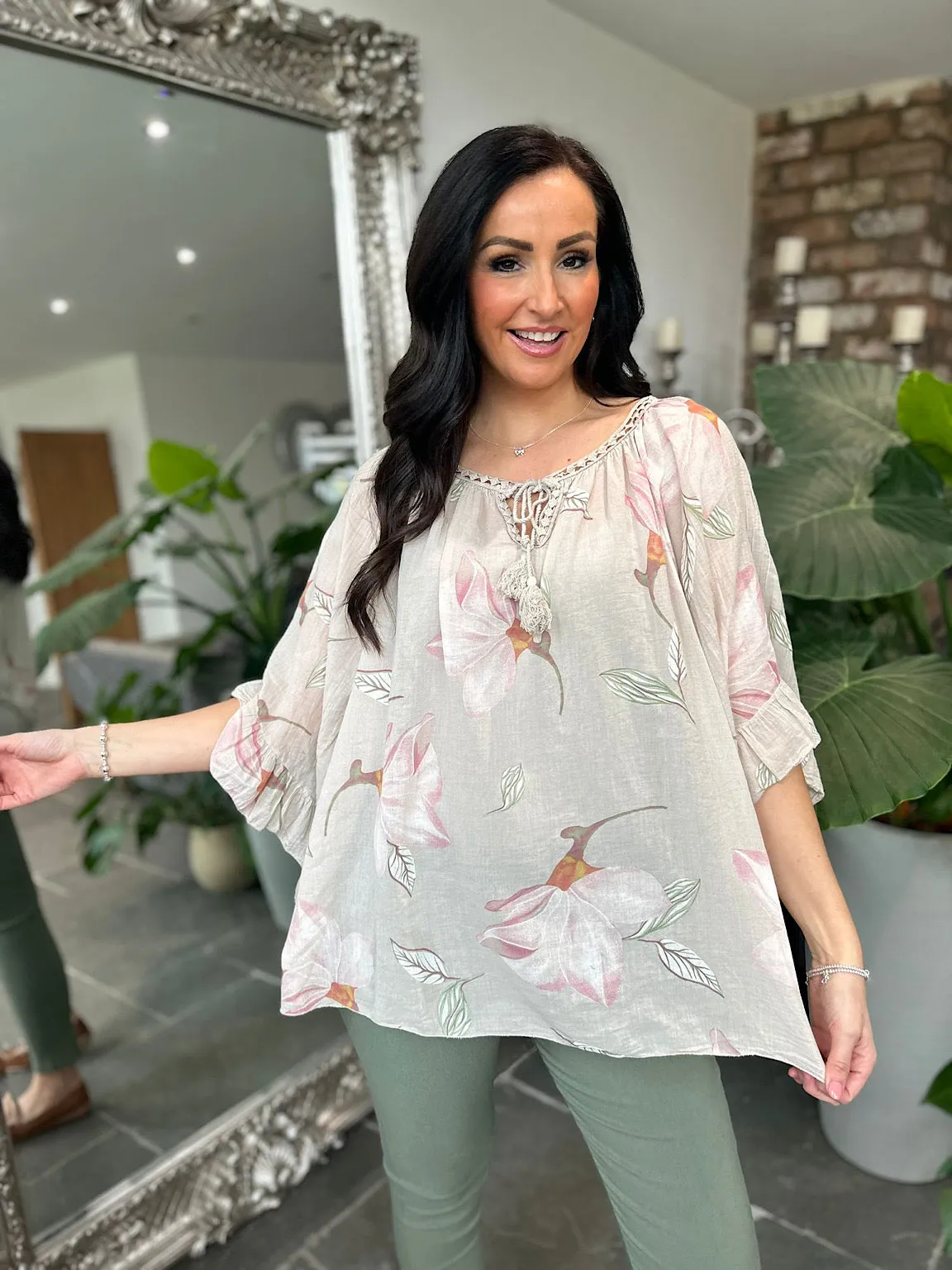 Stone Floral Angel Sleeve Tassel Top Molly