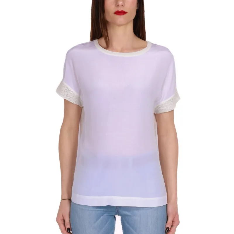 T-SHIRT GIROCOLLO CON INSERTO RETE, BIANCO