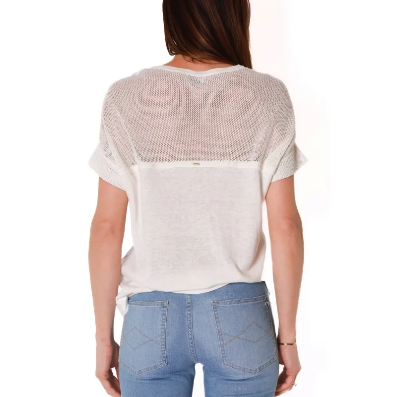 T-SHIRT GIROCOLLO CON INSERTO RETE, BIANCO