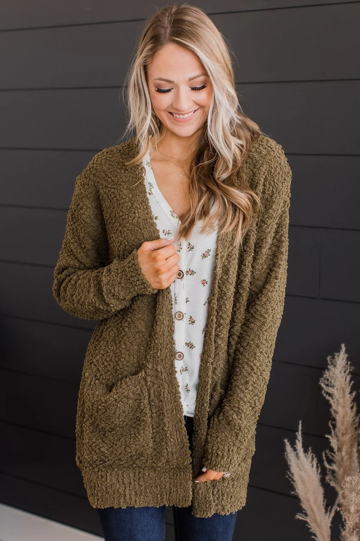 Take Another Look Popcorn Cardigan- Dusty Olive