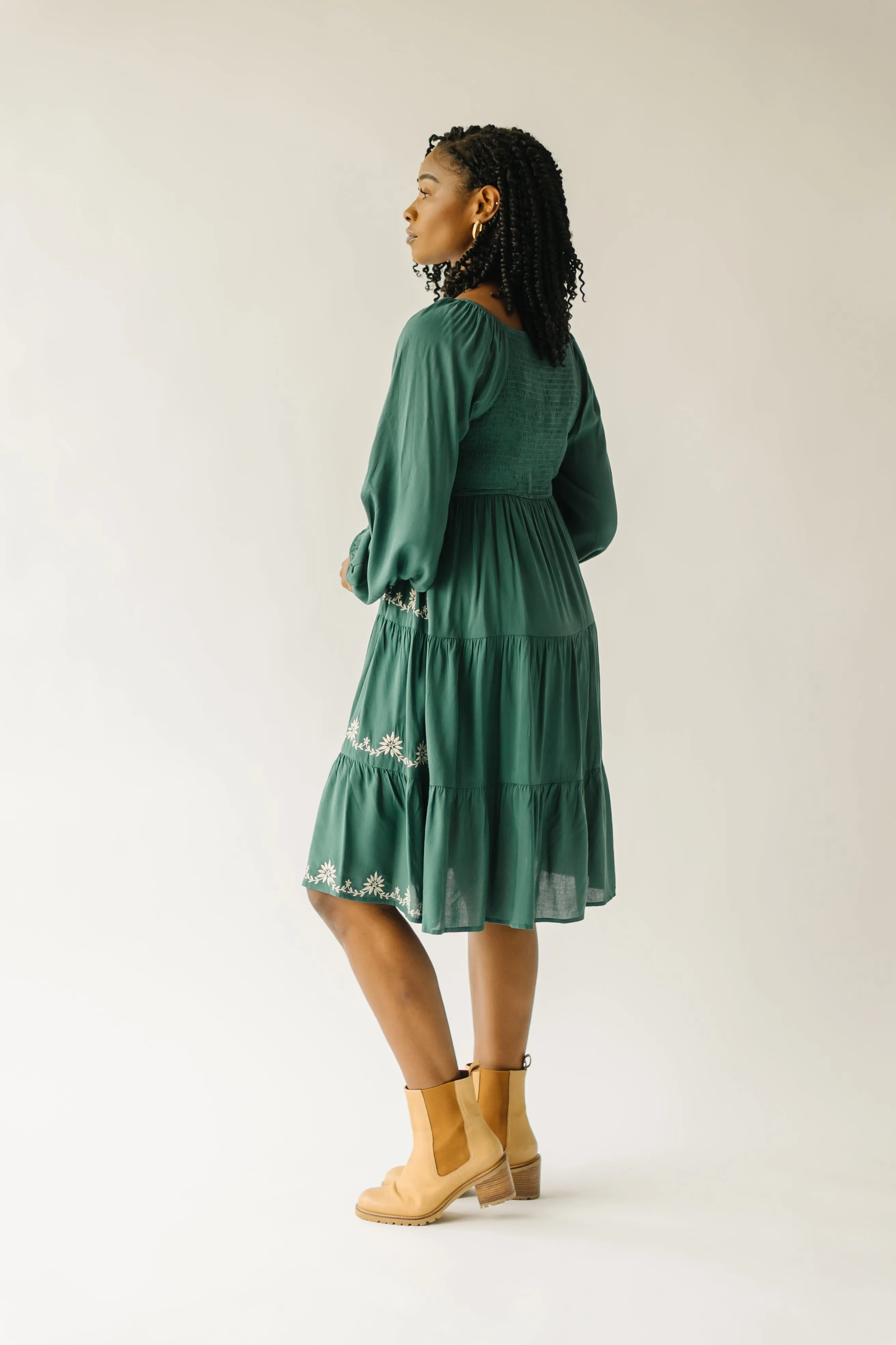 The Havana Embroidered Detail Dress in Hunter Green