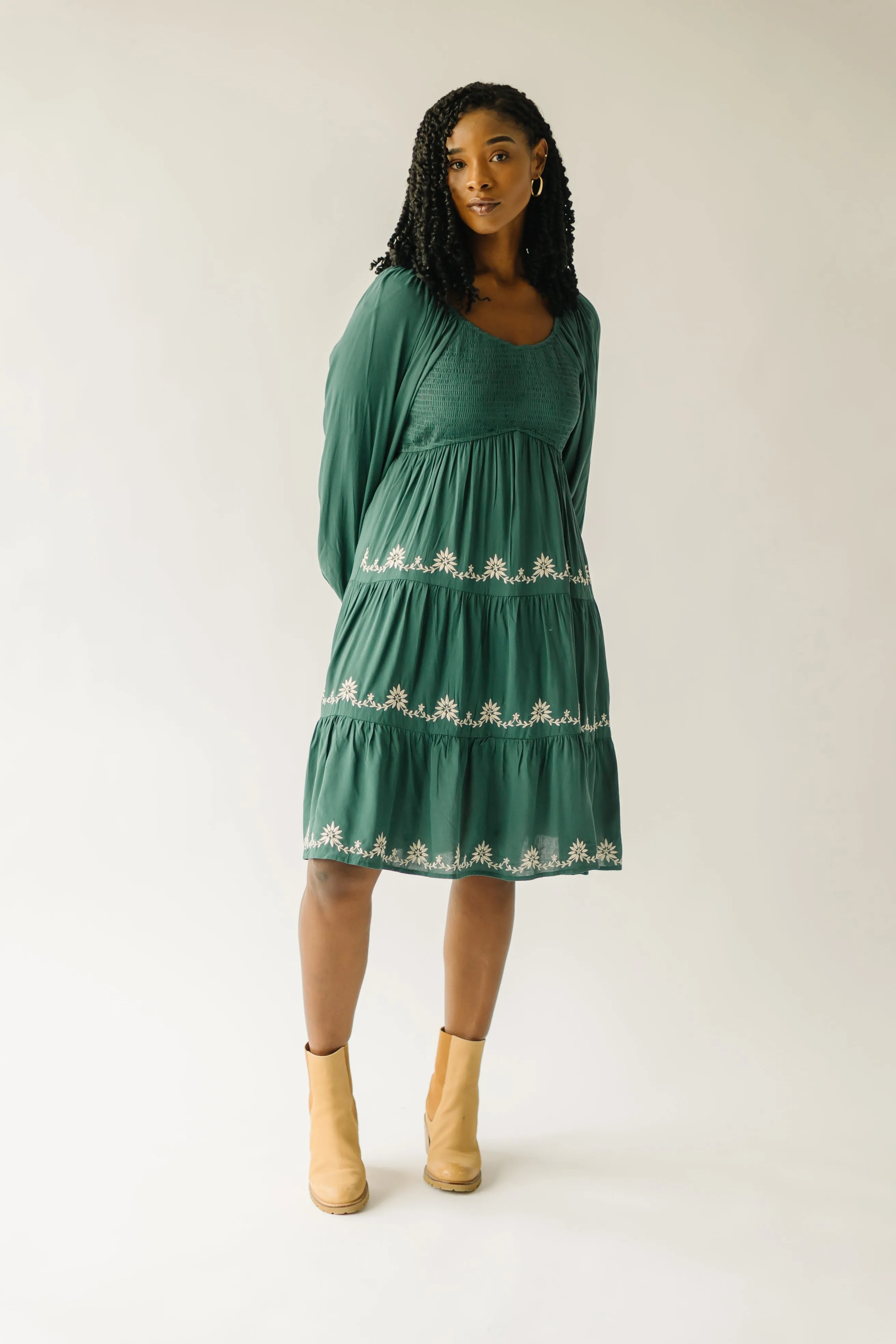 The Havana Embroidered Detail Dress in Hunter Green