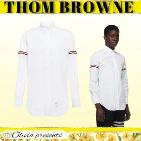 THOM BROWNE  |Stripes Long Sleeves Plain Cotton Logo Designers Shirts