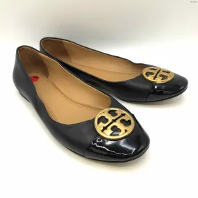 TORY BURCH Black Gold Patent Leather Logo Ballet Flat Shoe Size 6-1/2 Shoes