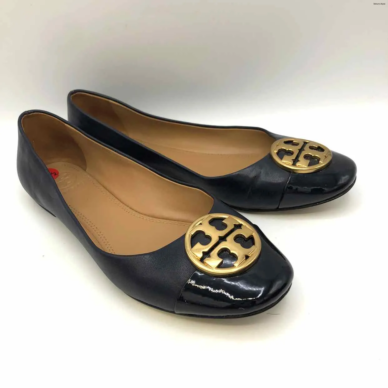 TORY BURCH Navy Gold Patent Leather Logo Ballet Flat Shoe Size 6-1/2 Shoes