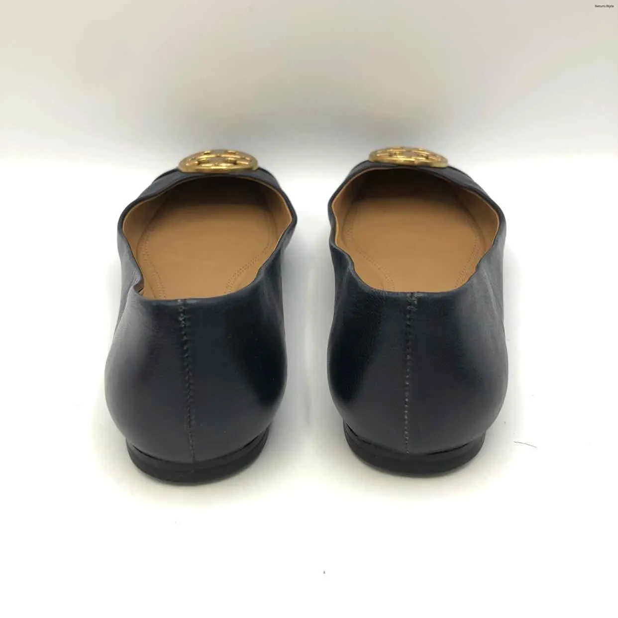 TORY BURCH Navy Gold Patent Leather Logo Ballet Flat Shoe Size 6-1/2 Shoes