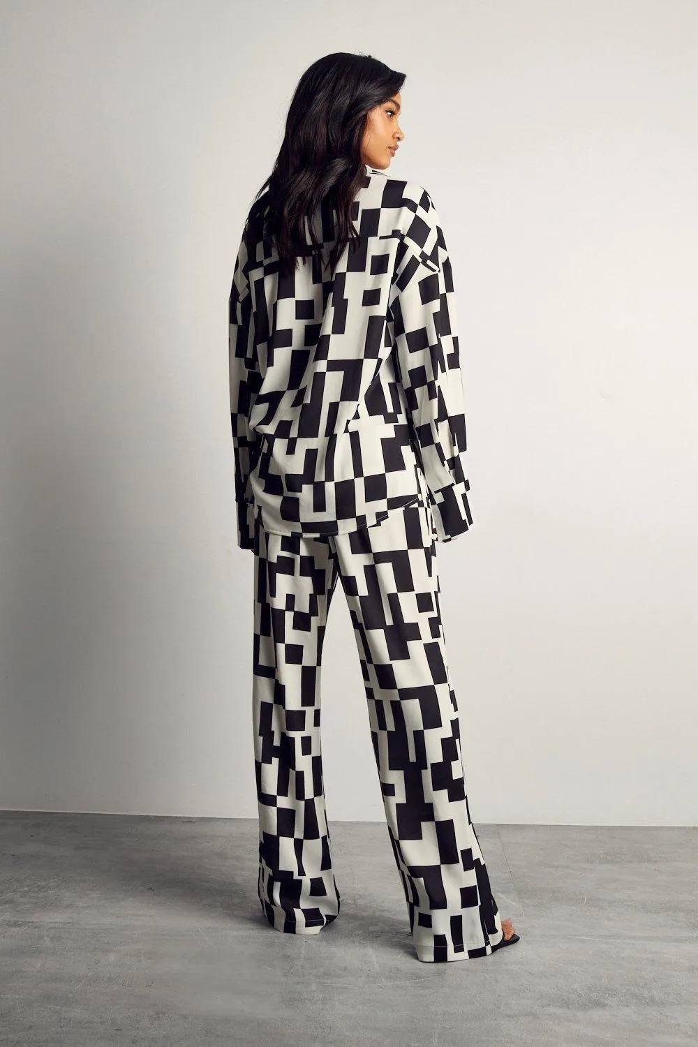 Trousers | Monochrome Abstract Satin Print Trousers | MissPap