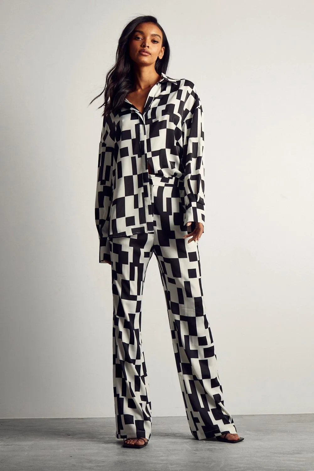 Trousers | Monochrome Abstract Satin Print Trousers | MissPap