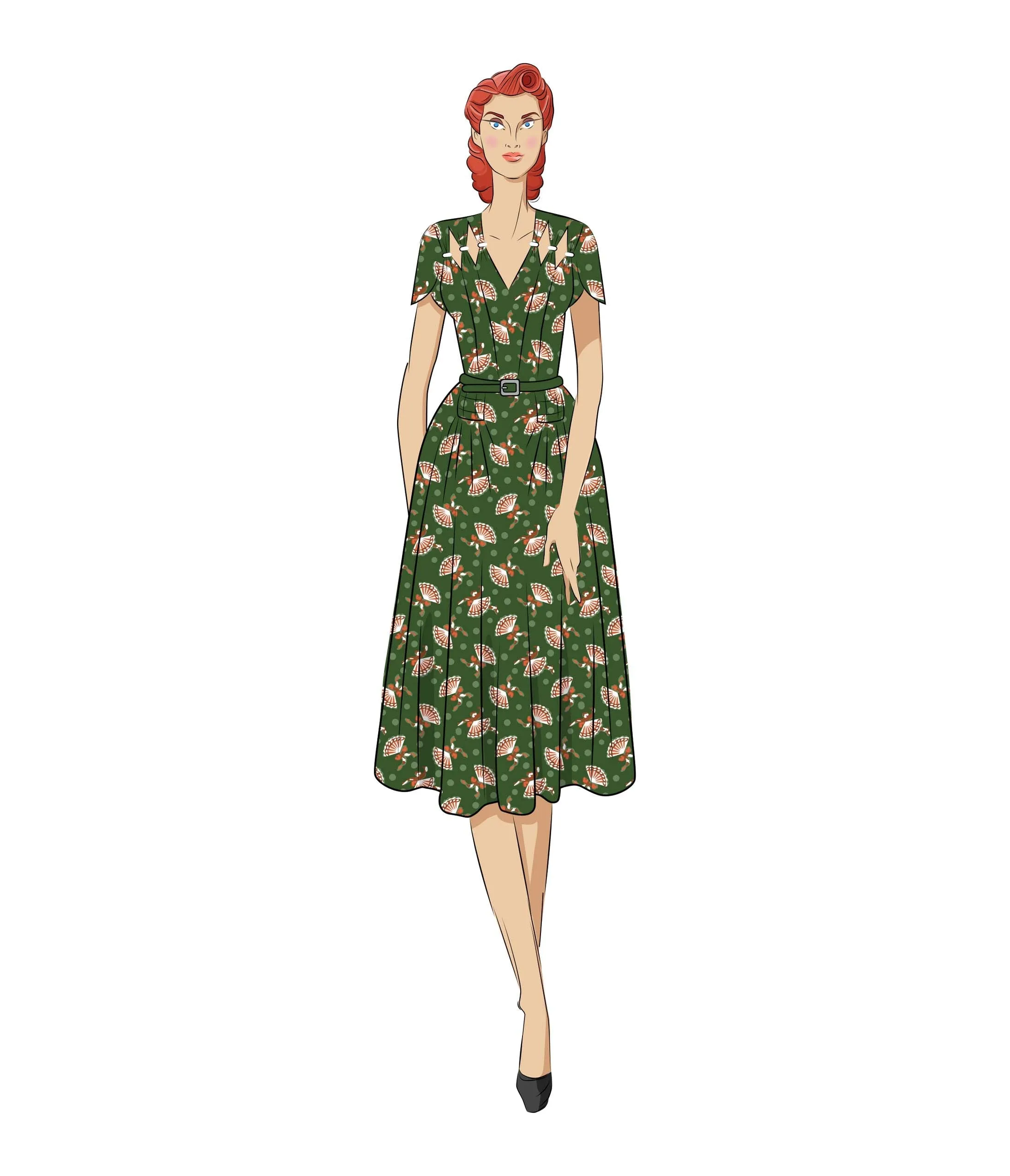 Unique Vintage 1940s Hunter Green Fan Print Tulip Sleeve Swing Dress - Arriving in September