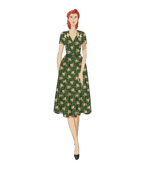 Unique Vintage 1940s Hunter Green Fan Print Tulip Sleeve Swing Dress - Arriving in September