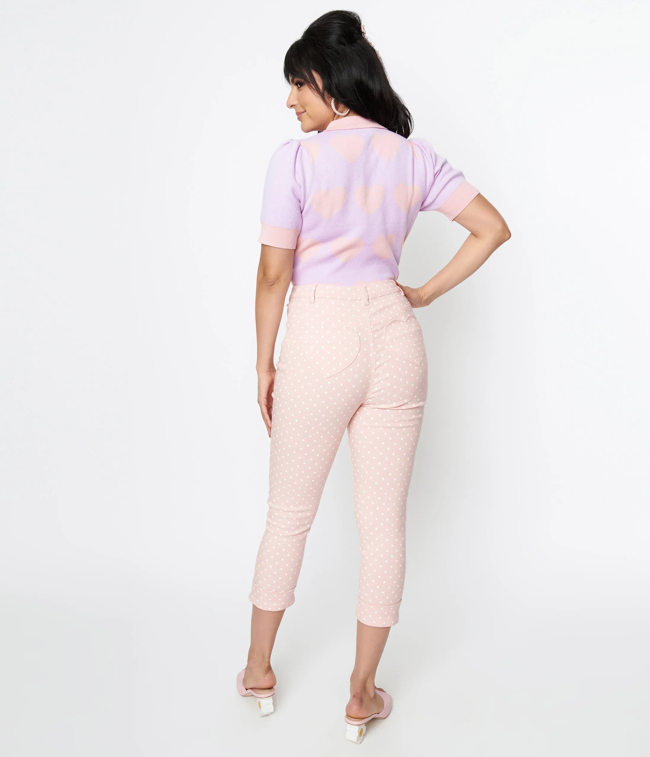 Unique Vintage Pink & White Pin Dot Heart Pocket Rachelle Capri Pants