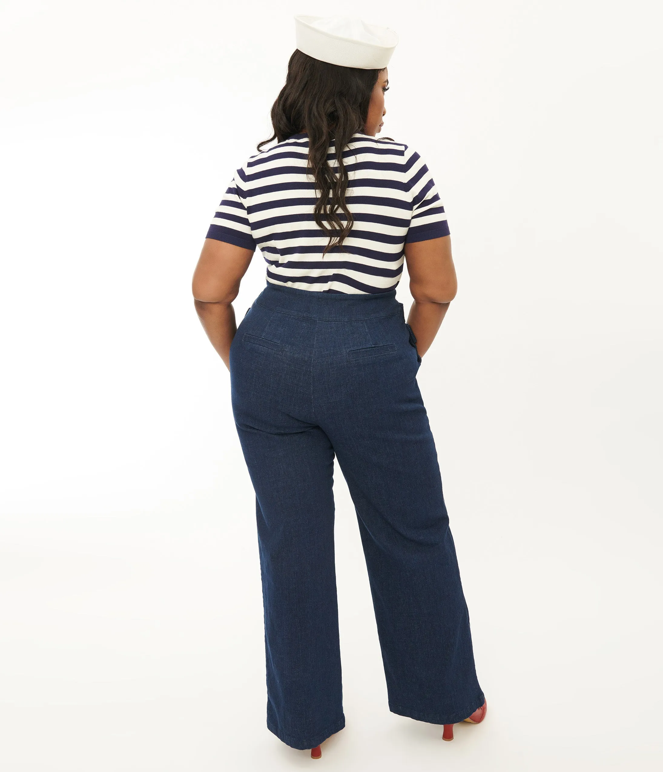 Unique Vintage Plus Size 1940s Denim High Waist Wide Leg Tab Pants