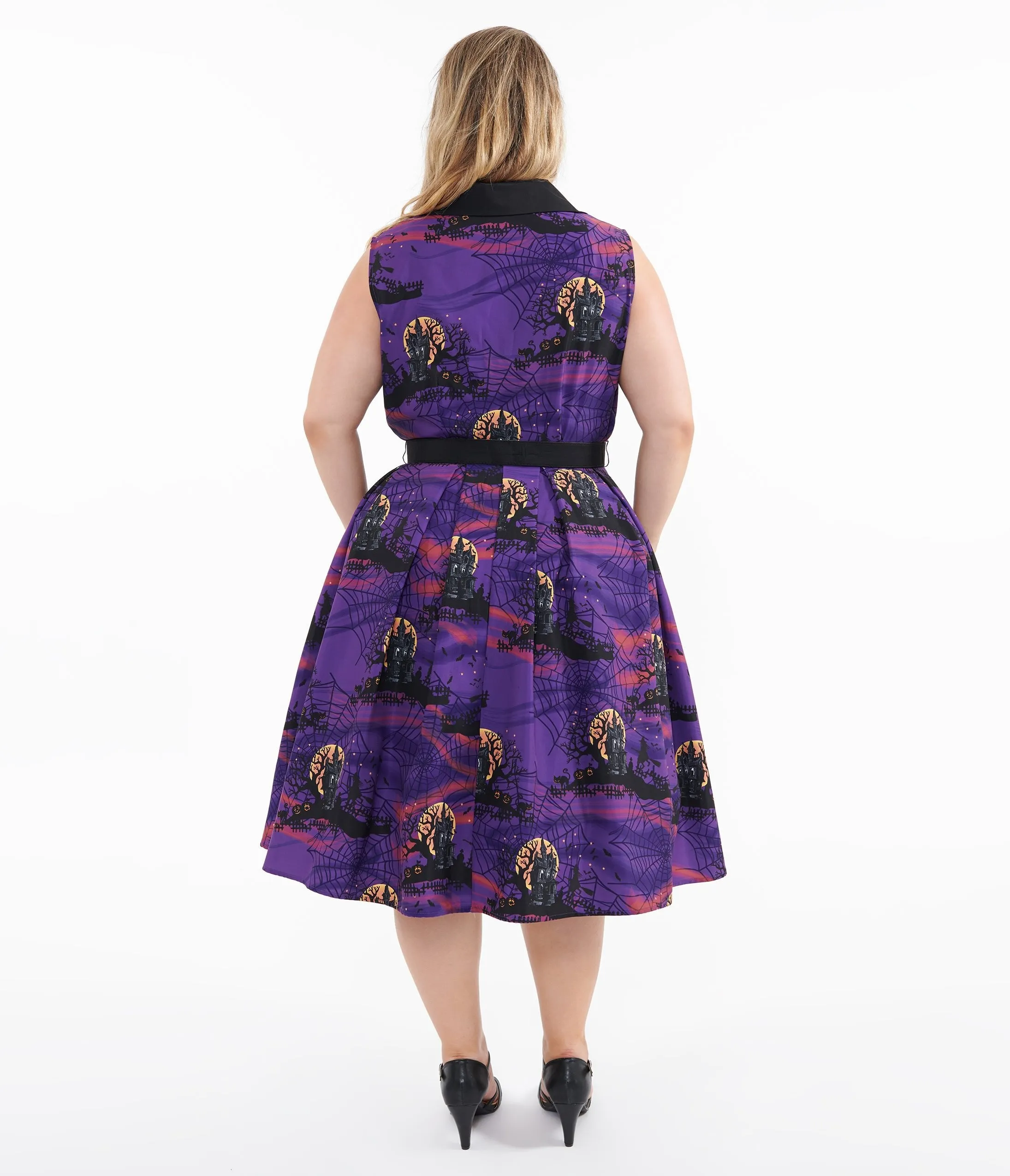 Unique Vintage Plus Size 1950s Purple Halloween Print Edith Swing Dress