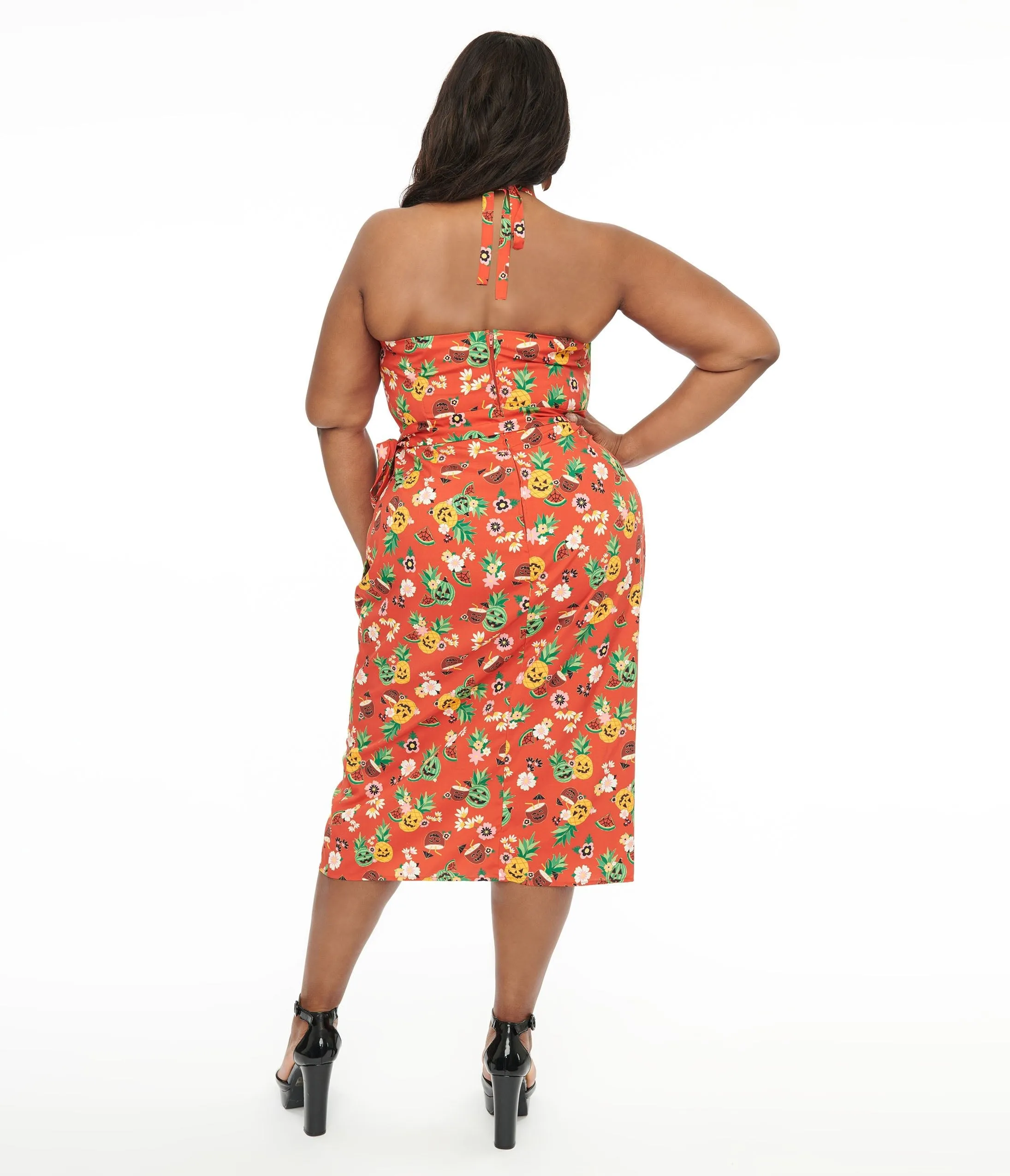 Unique Vintage Plus Size 1950s Rust & June-O-Ween Fruit Print Leilani Sarong Dress