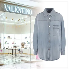 VALENTINO  |Denim Long Sleeves Plain Logo Luxury Shirts