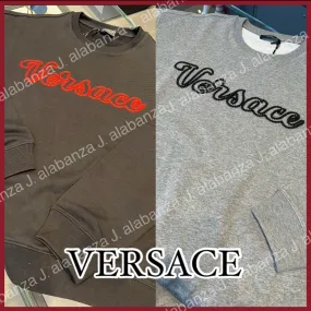 VERSACE  |Crew Neck Long Sleeves Plain Logo Luxury Sweatshirts