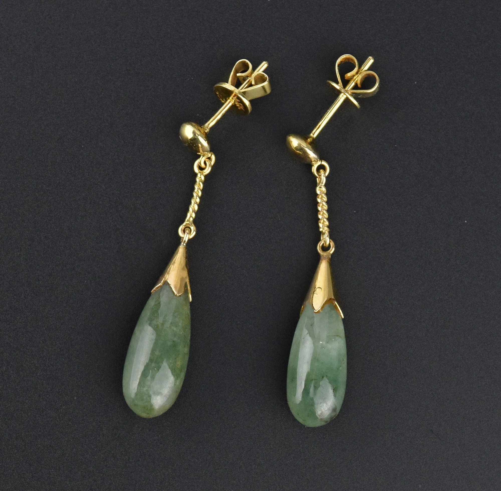 Vintage 14K Gold Pierced Jade Drop Earrings, 1 5/8 in.