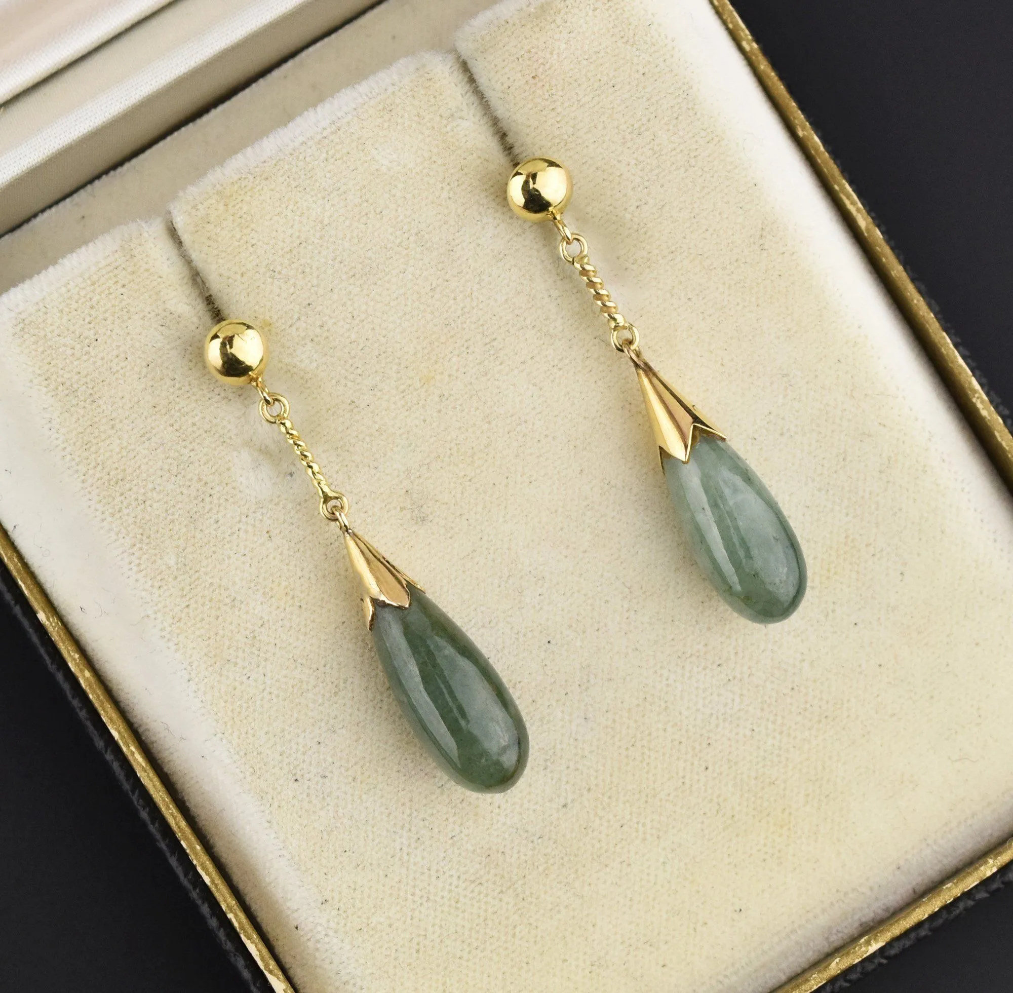 Vintage 14K Gold Pierced Jade Drop Earrings, 1 5/8 in.