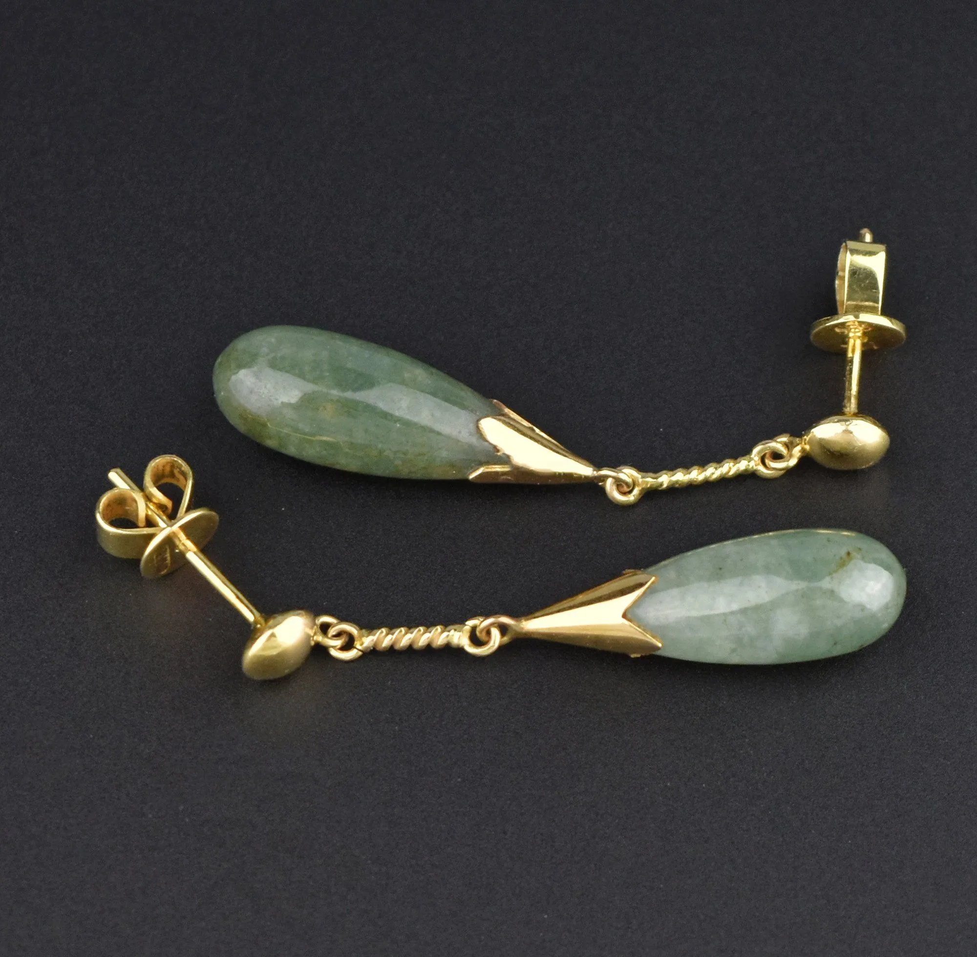 Vintage 14K Gold Pierced Jade Drop Earrings, 1 5/8 in.