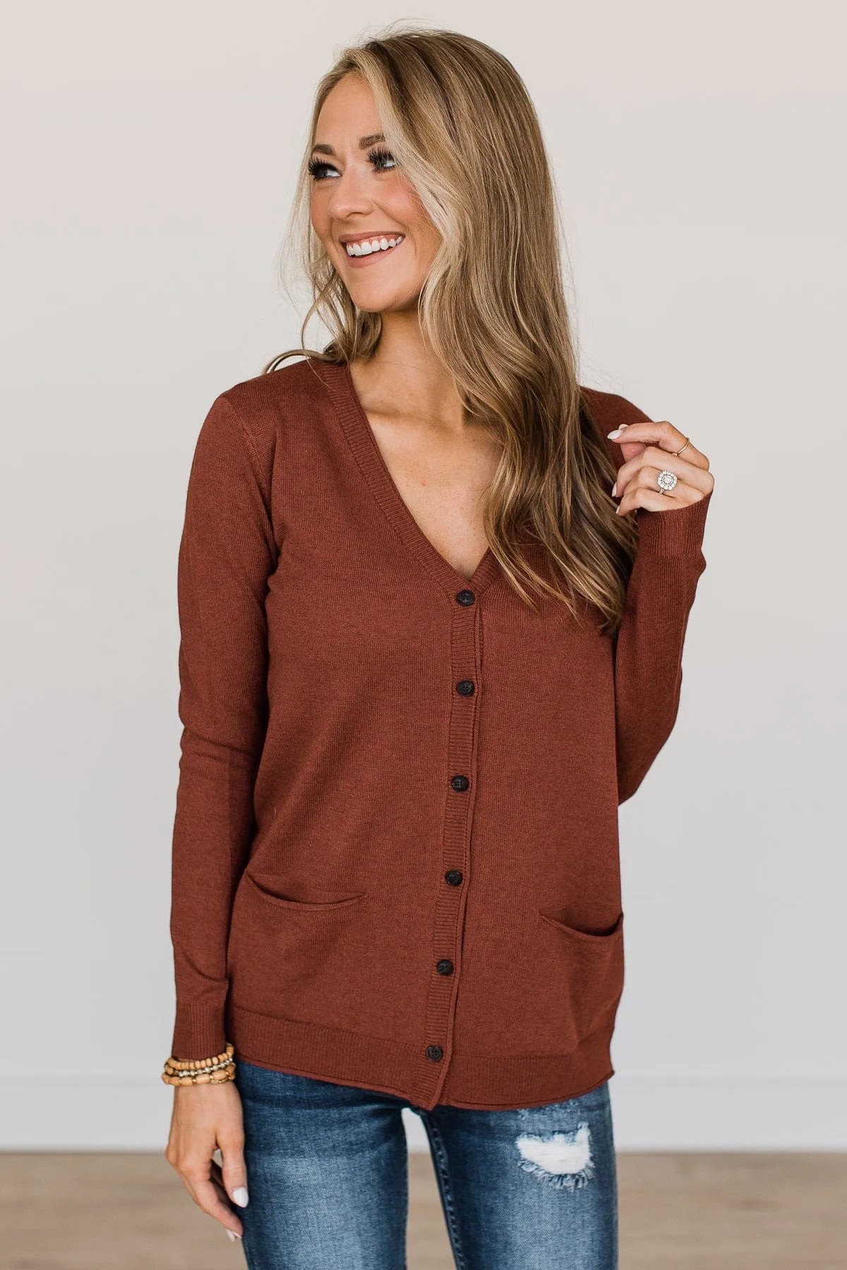 What Matters Most Button Cardigan- Dark Rust