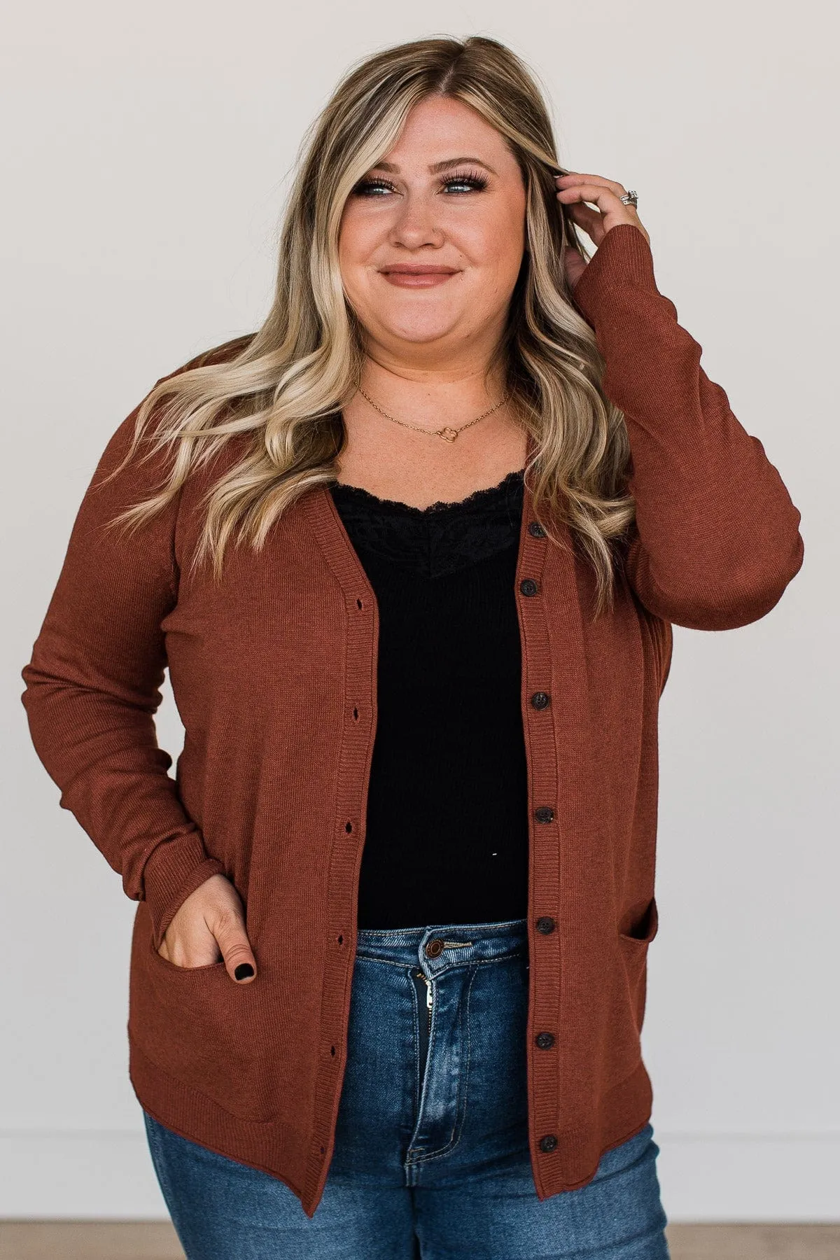 What Matters Most Button Cardigan- Dark Rust