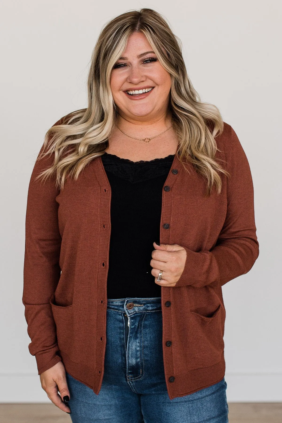 What Matters Most Button Cardigan- Dark Rust