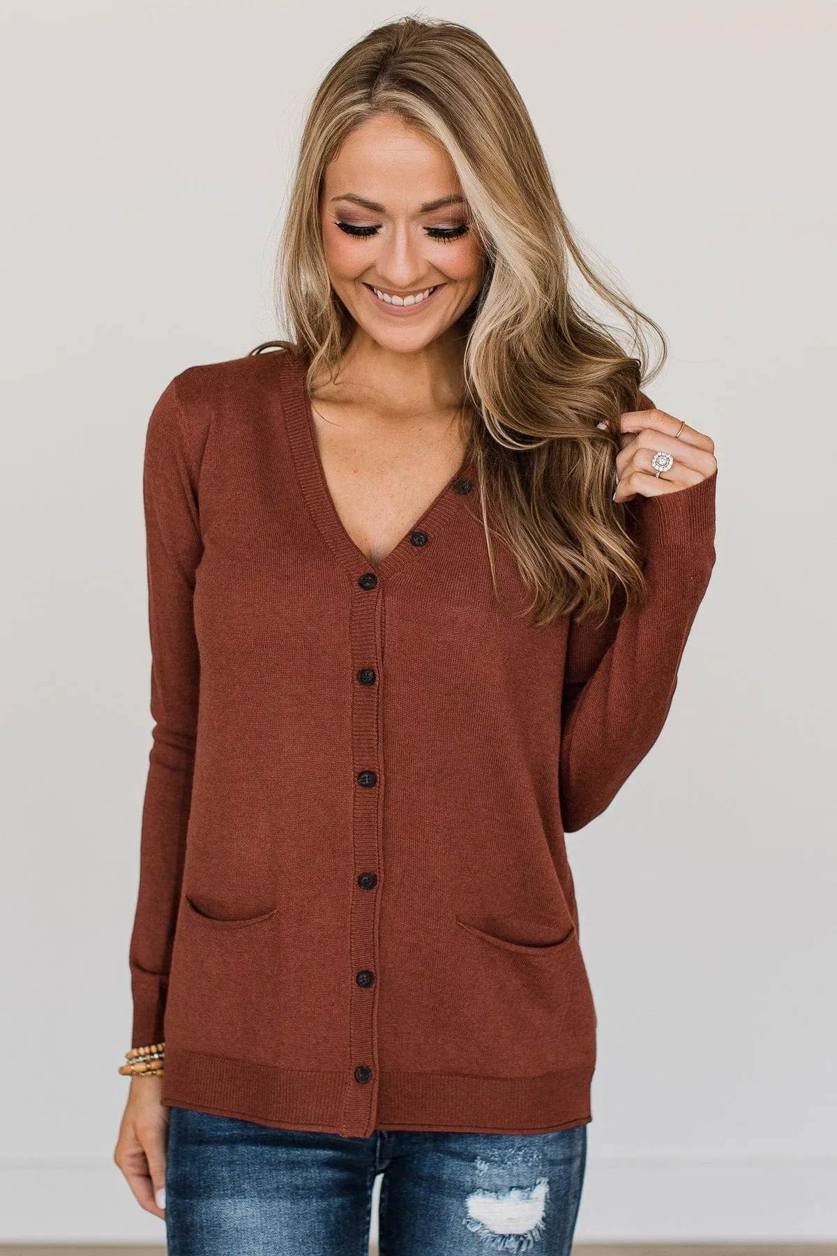 What Matters Most Button Cardigan- Dark Rust