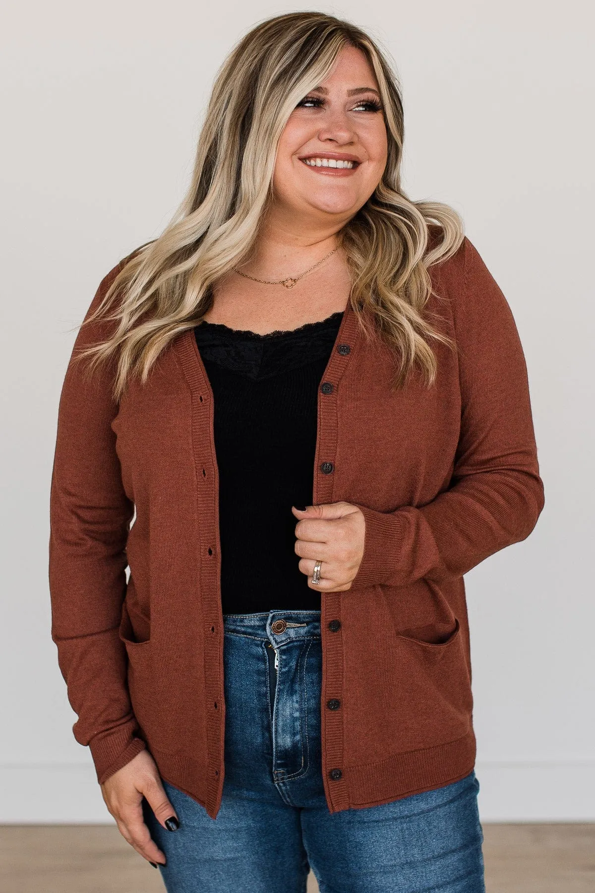 What Matters Most Button Cardigan- Dark Rust