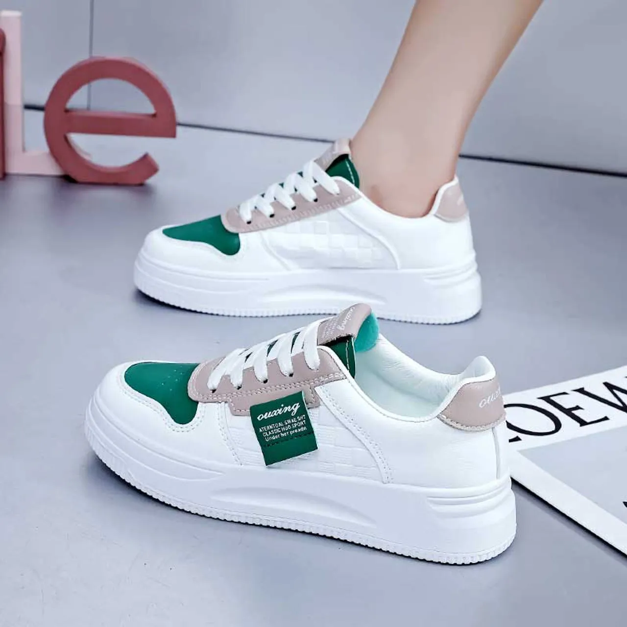 White green check label pattern shoe sneaker