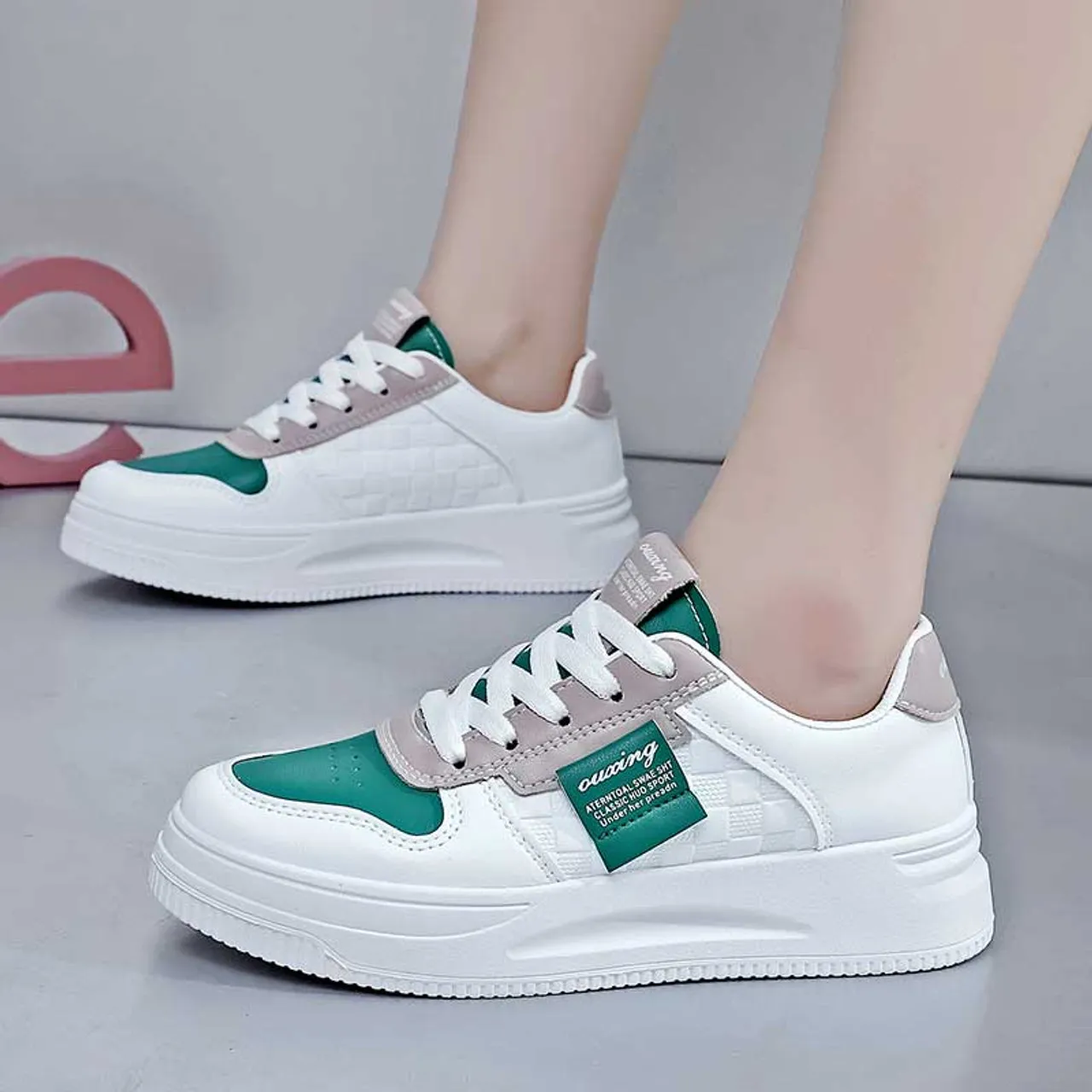 White green check label pattern shoe sneaker