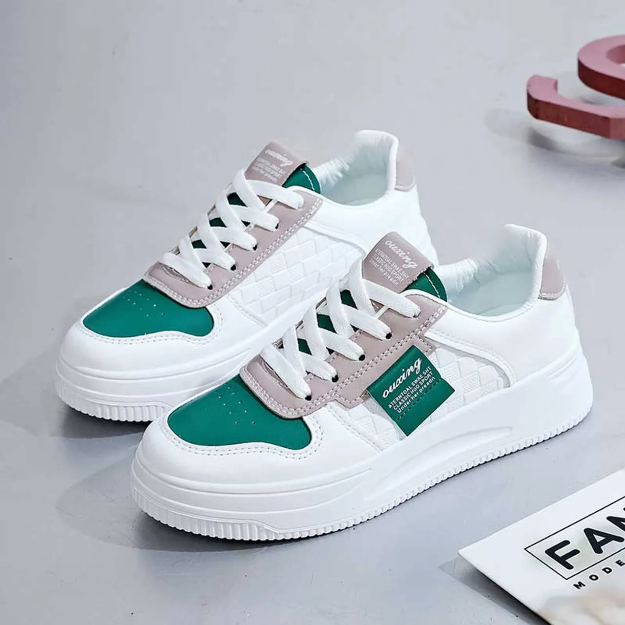 White green check label pattern shoe sneaker