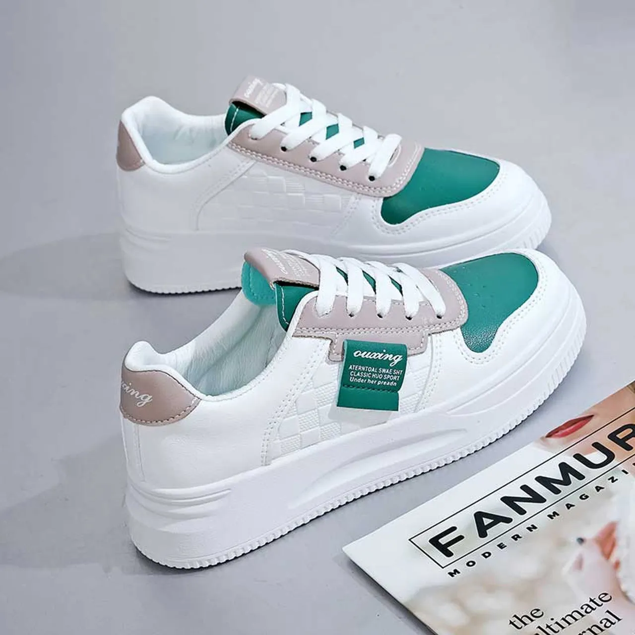 White green check label pattern shoe sneaker