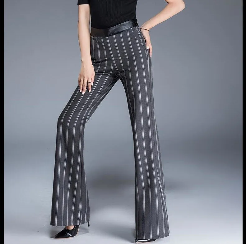 Women's Winter Office Casual High Waist Full Length Stripe Flare Pant