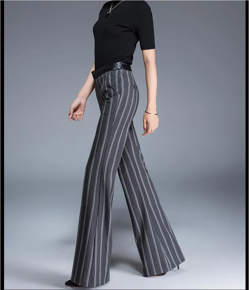 Women's Winter Office Casual High Waist Full Length Stripe Flare Pant